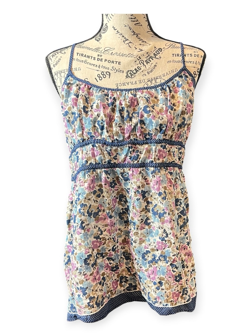 Vintage Y2K Girl Krazy Cami Top | Floral & Polka Dot Smocked Babydoll Tank - XL